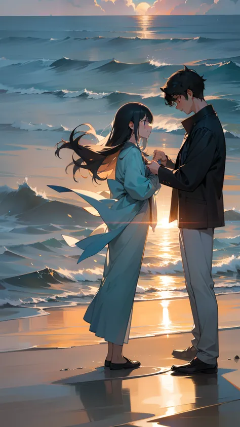 ((Masterpiece,Best quality,modern)), Screen description：
On a warm evening，The sun shines through the thin clouds on a tranquil beach。Man standing on the edge of the beach，Facing the woman he likes。The sea breeze gently ruffled their hair，In the distance, ...