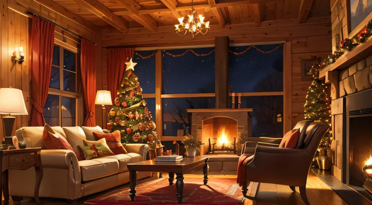 a christmas cabin with fireplace and christmas tree in it, in the style of colorful realistic stills, hyperrealistic paintings, rug, sonian, cute and colorful, cluttered, eye-catching, Its evening outside