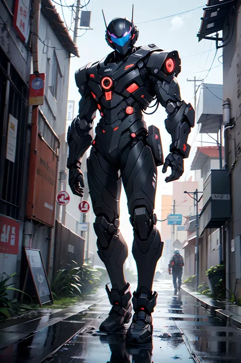 Imposing black plastic metal android robot,three meters high and with a minimalist design that highlights its marked metallic musculature. Its head is smooth and adorned with RGB lights that highlight its uniqueness and futurism.

He carries a metal backpa...