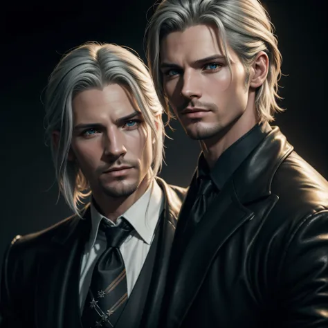 Adam Jensen, young Ben Barnes, young Geralt of rivia, Dorian Gray, with grey hair, long swept back blond hair, epic and classy portrait, suits clothes, symmetrical face, symmetric eyes, fotografia realista, fotografia, obra-prima, realista, Realismo, rende...