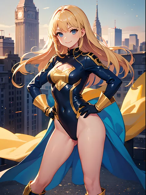 (best quality, masterpiece), 1girl, solo, glitter, leotard, bare legs, particle, superhero, boots, gloves, clenched fists, standing, hands on hip, smile, city backdrop