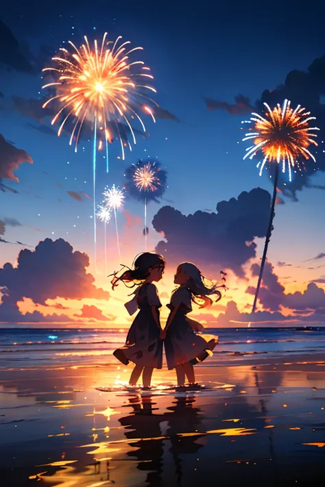 2girls, solo, sky, cloud, fireworks, long hair, water, sunset, outdoors, holding, dress,  cloudy sky, sparkler, wading, scenery,...