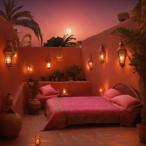 hyper realistic photo, ultra detailed photograph of a beautiful Moroccan rooftop, Amazigh pillows, photorealistic, riad rooftop, Marrakech view, stunning moon in the sky, iridescent, hyperrealism, moroccan lamps, sexy, Ultra photoreal, Intricate details, U...