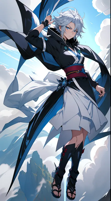 ((fantasy card)) . female (Sakuya Izayoi), (short spiky hair + serious look + full body + time master + ninja + kunoichi + silver hair + dark blue eyes + white cape + white assassin hood + time travel + fly in the clouds + 1900s) . (muscle: 2.0)