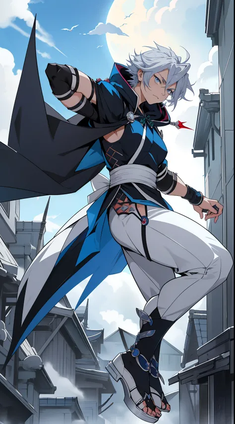 ((fantasy card)) . female (Sakuya Izayoi), (short spiky hair + serious look + full body + time master + ninja + kunoichi + silver hair + dark blue eyes + white cape + white assassin hood + time travel + fly in the clouds + 1900s) . (muscle: 2.0)