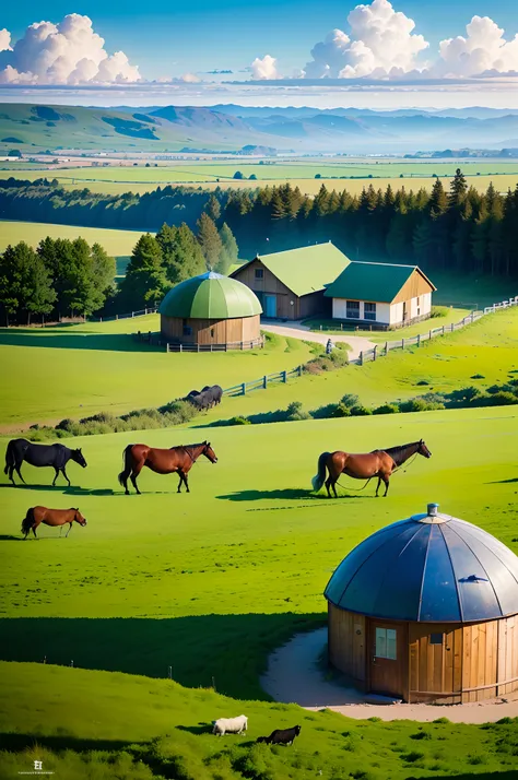 Blue sky Endless grassland，There are horses, cows and sheep and yurts in the distance