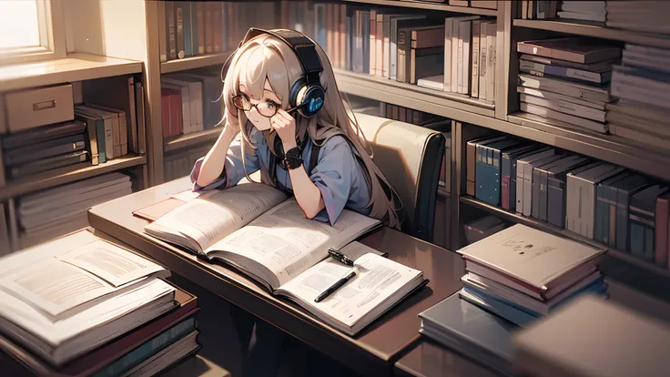 girl, studying, room, books, computer, cup, pen, glasses, headset, --auto --s2