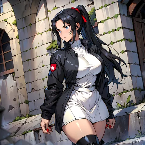 Girl with dark black hair, ponytail, thick thighs, curvy, medium breasts, black windbreaker, red ribbon in hair, blue eyes, white skirt, black colored military boots, serious look, anime, walking through the castle, medieval setting.
