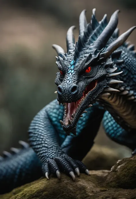 Grayish black scaled dragon, um par de patas, um par de asas, olhos azuis claro e gigantesco