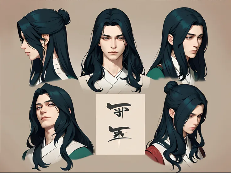 masterpiece, best quality, 1 man, character face , detailed character design, same face, same character, male face, long hair, same expression, elegant face, netral expression, handsome man, different angle, dreamy expression, hanfu