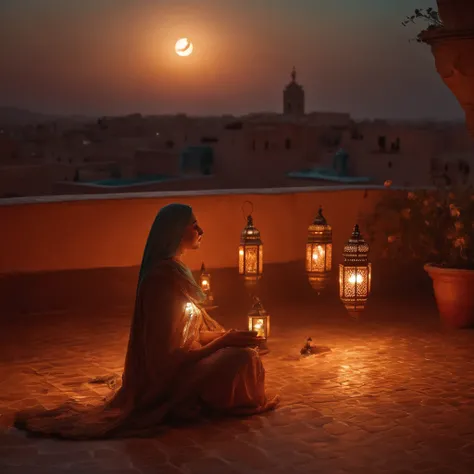 hyper realistic photo, ultra detailed photograph of a beautiful Moroccan rooftop, woman crying face towards view, from behind, down on her knees, sobbing, lonely, photorealistic, riad rooftop, Marrakech view, stunning moon in the sky, iridescent, hyperreal...