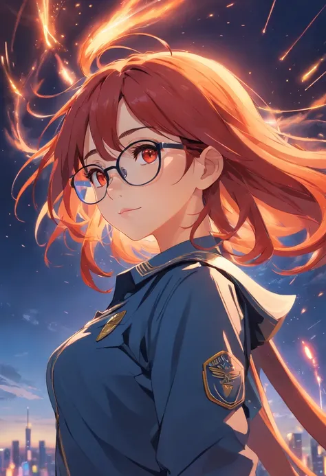 masterpiece, best quality, 1girl, solo, full body, transparent background, woman, red hair, large hair, orange eyes, military blue uniform, mature face, elf ears, black glasses, (sparks:0.7)