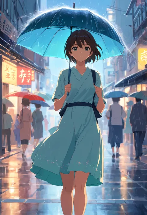 tmasterpiece，best qualtiy，cinematic Film still from，1girll，Cloud girl wearing a long dress，Its raining，closeup cleavage，With an umbrella，Have on the street