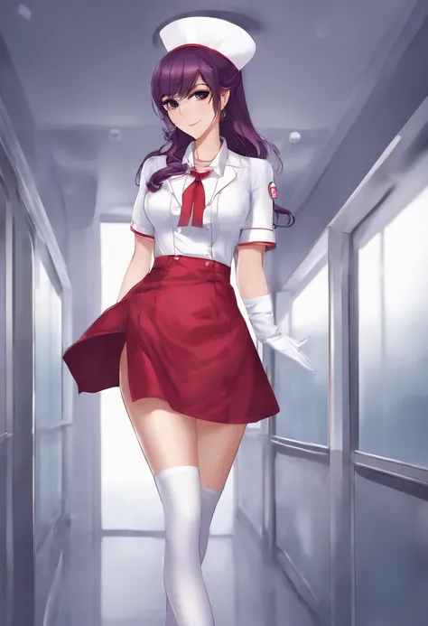 nurse, white stockings, long legs, red blouse, short skirt, high heelsn,hermosa cara,ojos morados,pelo largo,morado,mira al espectador,penosa,anime