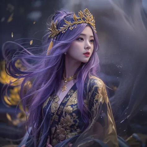 Cornmeal glass 32K（tmasterpiece，k hd，hyper HD，32K）Long flowing bright purple hair，Autumn Pond，zydink， a color， Asian people （Kizi）， （Red scarf）， Combat posture， looking at the ground， long whitr hair， Floating bright purple， Fire cloud pattern gold tiara， ...