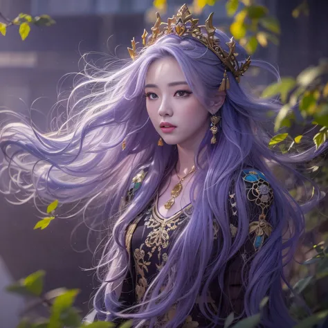 Cornmeal glass 32K（tmasterpiece，k hd，hyper HD，32K）Long flowing bright purple hair，Autumn Pond，zydink， a color， Asian people （Kizi）， （Red scarf）， Combat posture， looking at the ground， long whitr hair， Floating bright purple， Fire cloud pattern gold tiara， ...