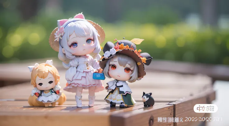 There are three dolls standing on a wooden platform, Cute Pocelain doll, cute cute, Cute:2, trending on cgstation, yanjun cheng, Cute and lovely, 2023 4K, style as nendoroid, 🍁 Cute, several dolls in one photo, JDM, jia, 8K)), valentine