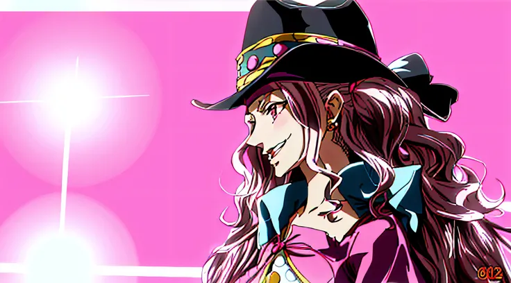 Anime girl with long hair wearing a cowboy hat and pink dress, gyro zeppeli, Steel ball racing, from one piece, captura de tela de um anime de 2012, em jojoA Aventura Bizarra, bruxa cowboy bonita, ilustre makinami, Captura de tela de Black Clover, no filme...