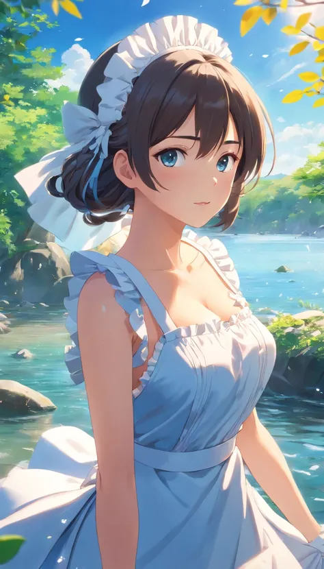 Masterpiece, best quality, (very detailed CG unity 8k wallpaper) (best quality), (best illustration), (best shadows) Nature&#39, blue sea,delicate leaves petals of various colors falling in the air light Tracking, super detailed , 1girl, solo, ((maid, big ...