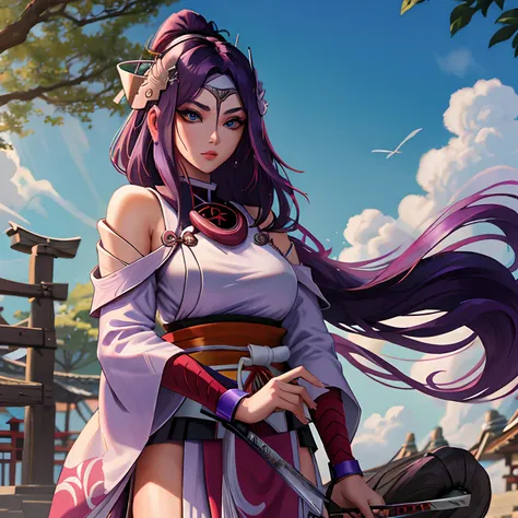 samurai, mulher ocidental, mulher bonita, mulher jovem, mulher branca, branco_woman, mulher de cabelo roxo, purple_hair, uma gar...