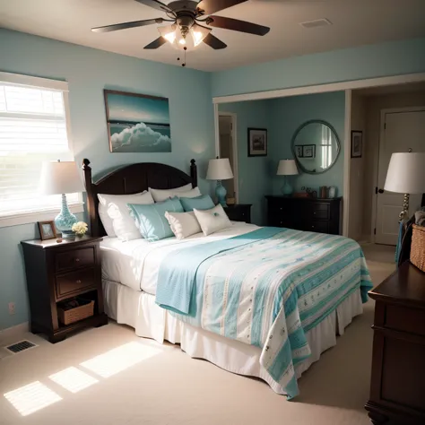 coastal master bedroom with Lamps & Dresser