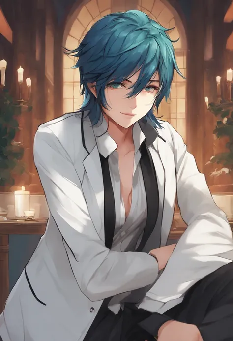 Masterpiece, Best quality, ((1人)),Blue hair,Green eyes,Serious expression, Smiling,Waist up,Line art,Medium hair,white suit jacket,Black T-shirt,expressionless eyes,((Tate Kubo style))