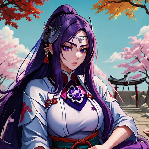 Samurai, mulher ocidental, mulher bonita, mulher jovem, mulher branca, Branco_Woman, mulher de cabelo roxo, purple_hair, uma garota samurai sexy, usando quimono samurai, long_hair, olhos cinzas, jardim de fundo, manga-style, rosto delicado