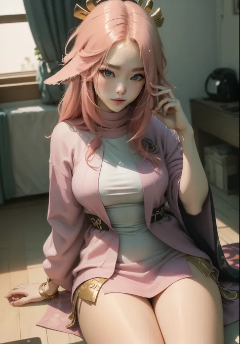 yae miko from genshin impact in modern clothes sitting on pink supra