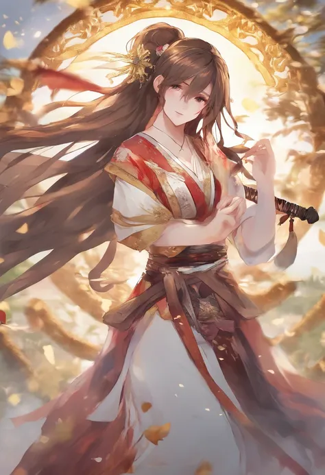 masterpiece, best quality, 1girl, brown hair, brown eyes, female swordmaster walking, dutch angle, cinematic, volumetric lighting, sunbeam, soft lighting, mystical, magical, rim lighting, fantasy, sparkle, glittering, ponytail hairstyle, hanfu, carrying sw...