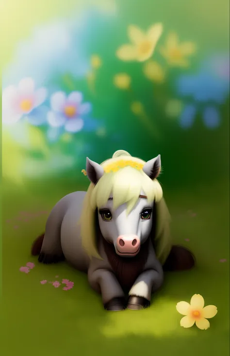 A picture of a cute pony surrounded by beautiful flowers on the grass, 8k resolution concept art( Intricate details:1.2), Beautiful eyes, Sunlight, (High quality:1.2), trending on artstationh, 8K, absurderes, tchibi, extremely detailed fur,(Close up:1.1)