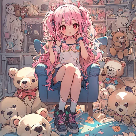 absurderes, hight resolution, (Anime style:1.1), ((masutepiece)), ((Best Quality)), (Ultra-detailed), (Beautiful), 独奏, Beautiful face、(liftup),12year old、Your own cute room、pink wall paper、Lots of stuffed animals lined up.、(Cute girl sitting on chair and m...