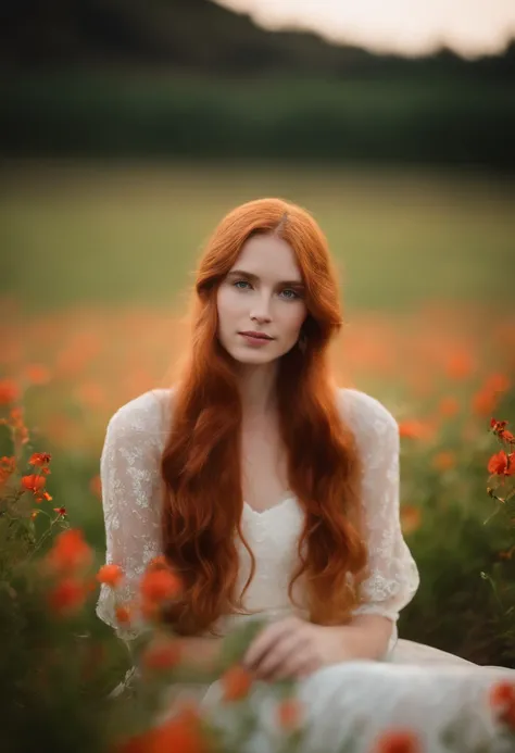 Multiple exposure, vivid color, star, flower，1 girl with long red hair sitting in a field of greenery and flowers，su mano debajo de la barbilla，warmly lit，vestidos blancos，primer plano borroso,