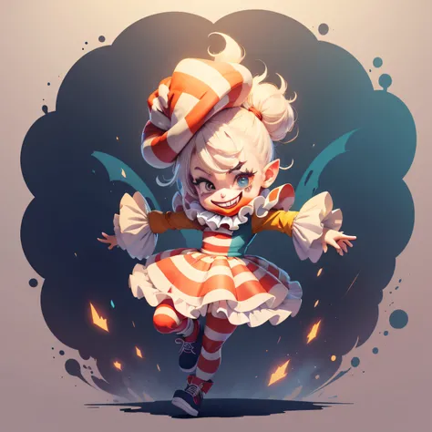 illustration style, game character, clown, Chibi, fearless smile, ((2D)), mischief, masterpiece, 8K, white background, ((full body))