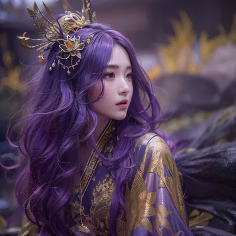 Agate glass texture 32K（tmasterpiece，k hd，hyper HD，32K）Long flowing bright purple hair，Autumn Pond，zydink， a color， Asian people （Kizi）， （Red scarf）， Combat posture， looking at the ground， long whitr hair， Floating bright purple， Fire cloud pattern gold ti...