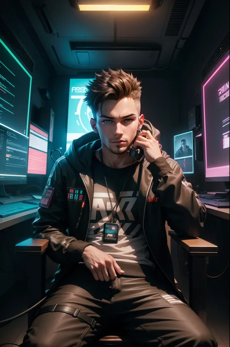 a young man siting in a chair, front view for camera  in a realistic interrior of a cyberpunk room , with a lot of screens, ,a lot of colorful cables, and a lot of lights, upscaling, raytracing, 8k, put this image in 1080px x 1080 px proportion