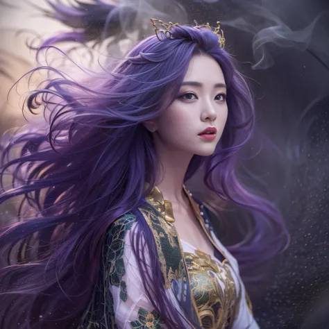 Agate glass texture 32K（tmasterpiece，k hd，hyper HD，32K）Long flowing bright purple hair，Autumn Pond，zydink， a color， Asian people （Kizi）， （Red scarf）， Combat posture， looking at the ground， long whitr hair， Floating bright purple， Fire cloud pattern gold ti...