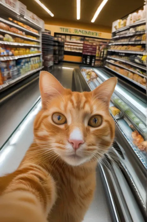 Orange cat takes selfie in supermarket pov, social media composition, from below, Sony FE GM, Solo focus, Face focus, Mirror selfie, Front view, From above, Looking up, Eye-contact, Portrait photography, 4K, detail, best quality, Smile, Shop --creative --v...