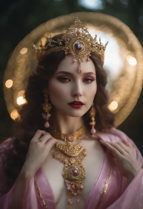 RAW photograph full length portrait of the goddess of the moon、pale skin, erotic, beautiful accurate facial features, accurate hands, accurate face, small breasts, dark pink , body jewelry, gold waist chain, see-through robes、General decoration, cinematic,...