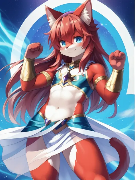 masterpiece, 1boy, Furry, kemono, furry cat, anthropomorphic, male, red fur, red skin, blue eyes, magical girl theme, long hair, revealing clothes, magical girl outfit, blue magical girl dress, femboy, sexy pose, uploaded on e621,