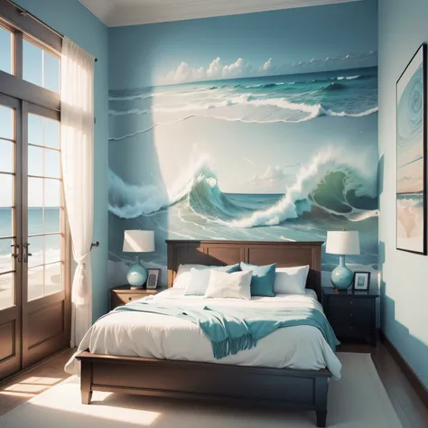 coastal master bedroom with  Coastal Artwork & Wallpaper