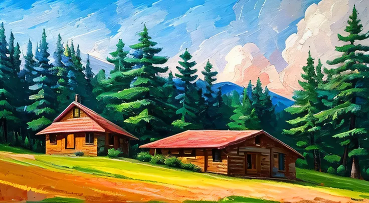 thick impasto painting of a painting, a cottage under a big tree, country cabin,cooking smoke rises，pine trees have a peculiar s...