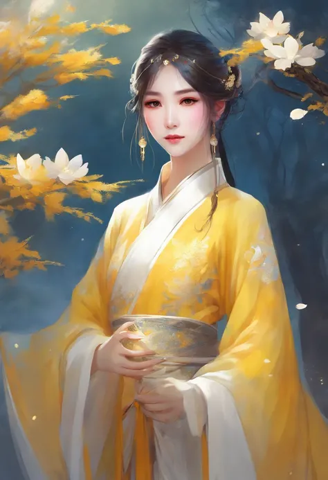 white and yellow hanfu, have bangs, blue accent on clothing, best quality