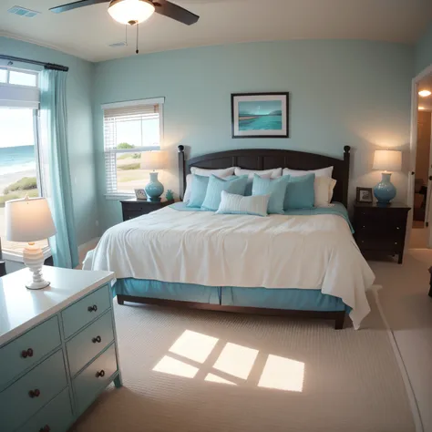 coastal master bedroom with beautifully decorated coastal master bedroom