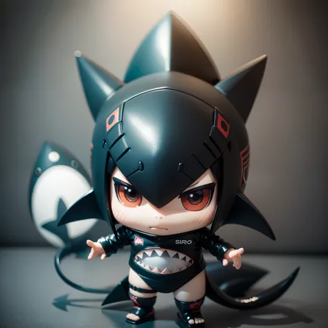 Chibi, shark, Cute, Shark Hat,  actionpose, Black Hair Bob, Shark Suit, Big Badejo, Full body, masutepiece, 3D Rendering, Best Quality, Lots of detail, (Plain background), vinyl toy figurine