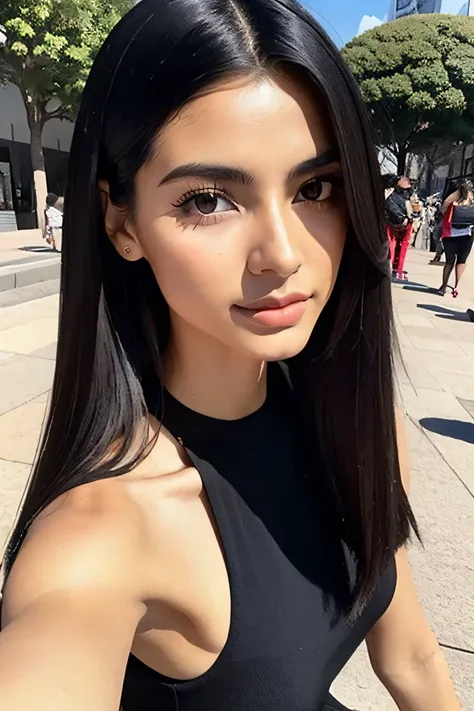 Mujer Rubia ojos grandes negros, pelo largo negro ondulado, sentada en una banca, en una plaza con mucha gente detras de ella, belleza, cuerpo perfecto, vestido rojo