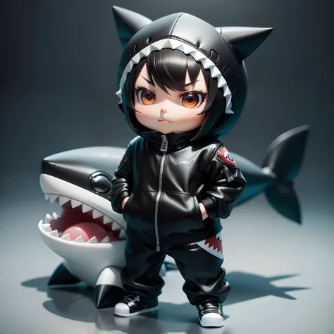 Chibi, shark, Cute, Shark Hat,  actionpose, Black Hair Bob, Shark Suit, Big Badejo, Full body, masutepiece, 3D Rendering, Best Quality, Lots of detail, (Plain background), vinyl toy figurine