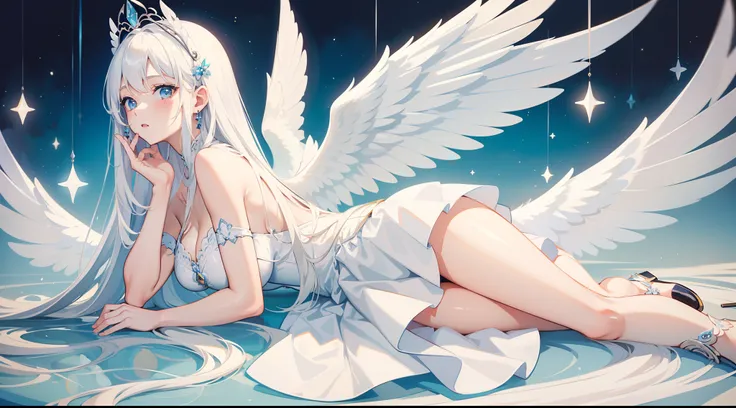 masterpiece, best quality, ultra -detailed, finely detail, White girl, angel, two big wings, white hair, blue eyes, sexy, sexy pose, pastel blue dress, full body, long hair, fringe, pastel blue dress, white shoes, acessories, wings on the back, lying down