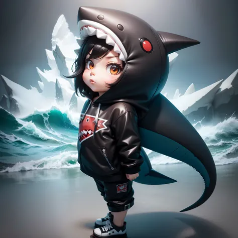 Chibi, shark, Cute, Shark Hat,  actionpose, Black Hair Bob, Sauce order,Shark Suit, Big Badejo, Full body, masutepiece, 3D Rendering, Best Quality, Lots of detail, (Plain background), vinyl toy figurine