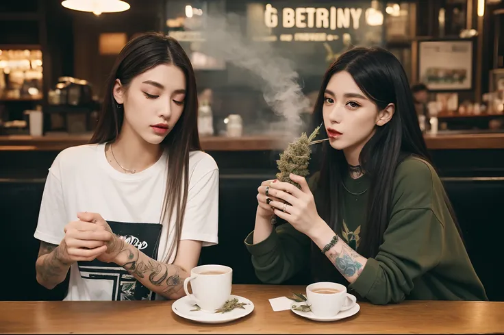 A lot of cannabis on the table、Cannabis buds、Woman smoking cannabis in café、Massive amount of white smoke from the mouth、Tattoos on the body