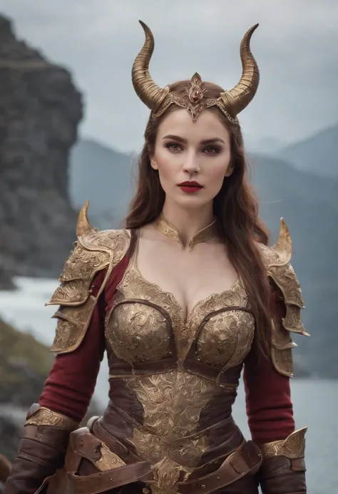 top-quality、Beautiful Russian woman、｛｛｛The whole body is shown｝｝｝、Female Devil King、Female Devil、Red Eyes、demon armor、Devils Bikini Armor、Fantasia、horns grow on the head、Dark Castle、grand background